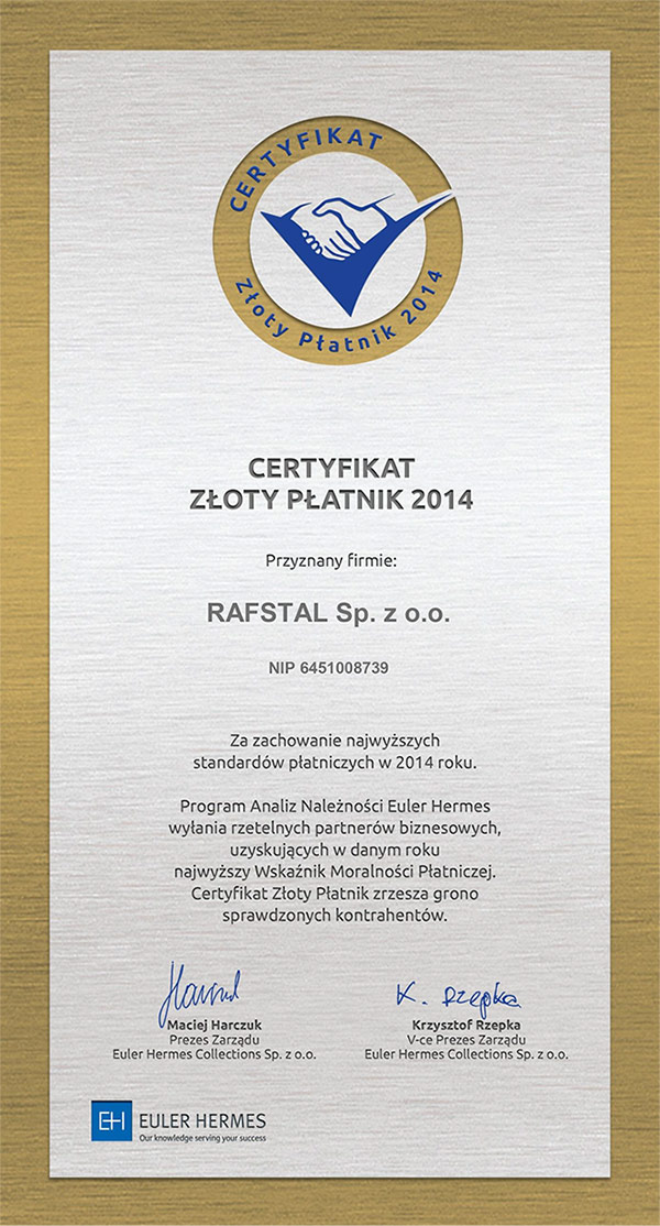 Certyfikat_ZłotyPłatnik2014_Rafstal